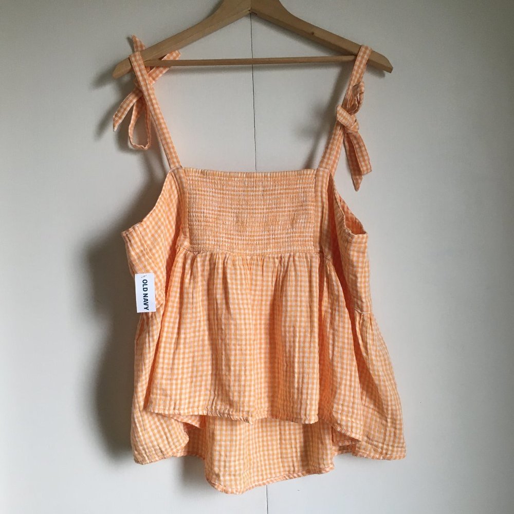 Old Navy NWT 100% Cotton Orange Gingham Smocked Tie Shoulder Tank Large - Picture 4 of 16